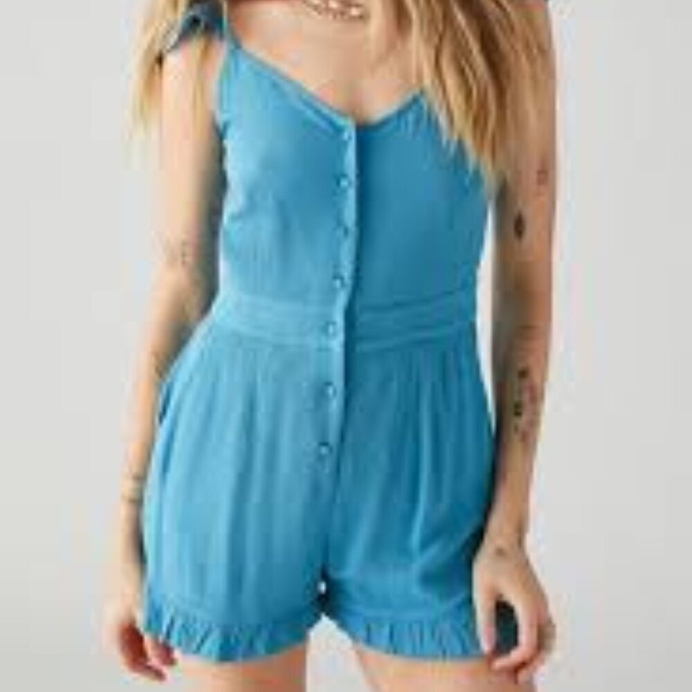 URBAN OUTFITTERS NORMA TURQUOISE BLUE BUTTON FRONT ROMPER SIZE SMALL